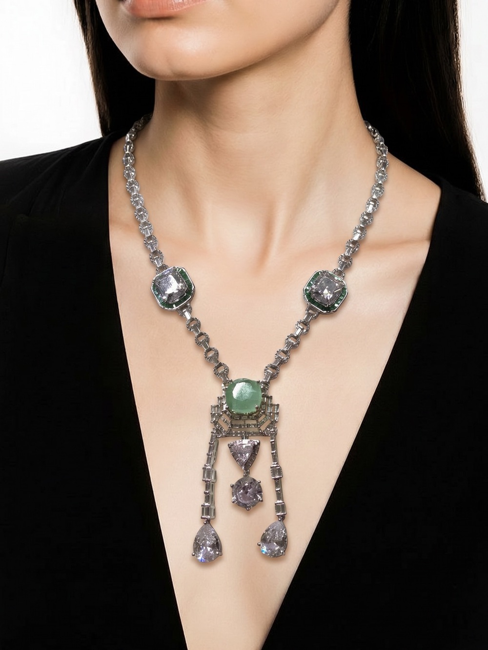 Designer Silver-Tone Crystal Necklace with Green Center Stone